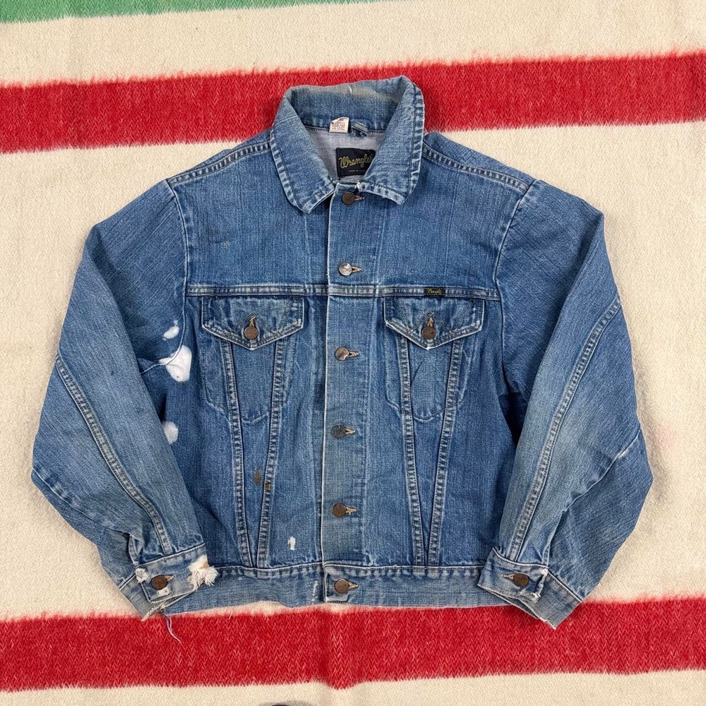 Vintage 70s Wrangler Denim Trucker Type 3 Jacket Thrashed Distressed USA Size 44